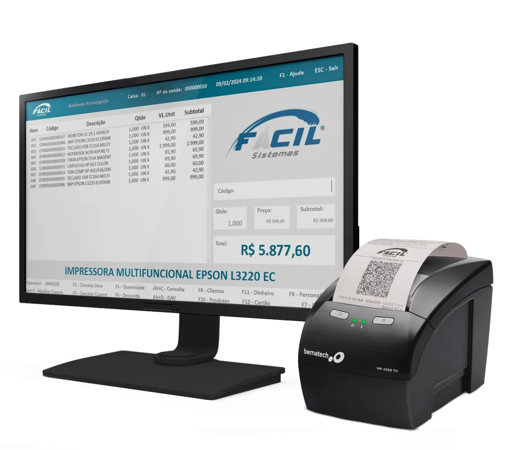 Frente de caixa Fácil em um monitor, com impressora fiscal